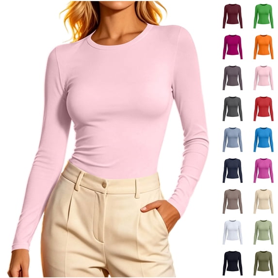 ClodeEU Women's Long Sleeve Crew Neck Fitted Top, Basic Solid Color Slim Fit Casual Daily Wear Shirt ,Women's XS-XXL