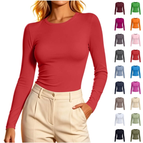 ClodeEU Women's Long Sleeve Crew Neck Fitted Top, Basic Solid Color Slim Fit Casual Daily Wear Shirt ,Women's XS-XXL
