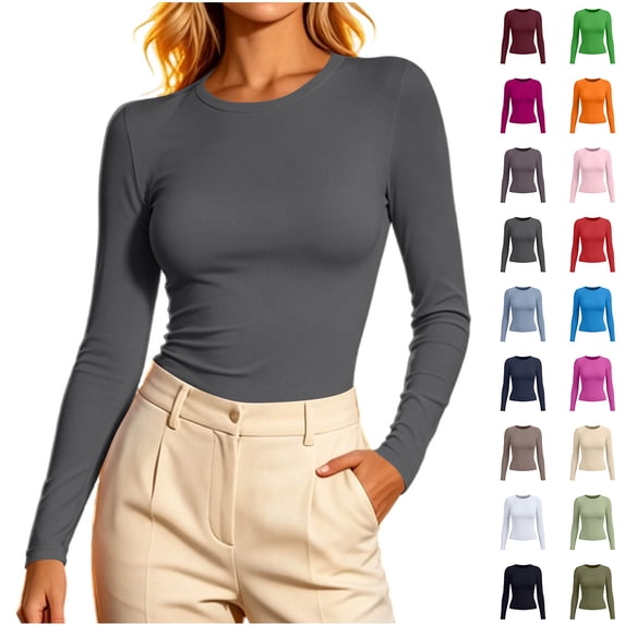 ClodeEU Women's Long Sleeve Crew Neck Fitted Top, Basic Solid Color Slim Fit Casual Daily Wear Shirt ,Women's XS-XXL