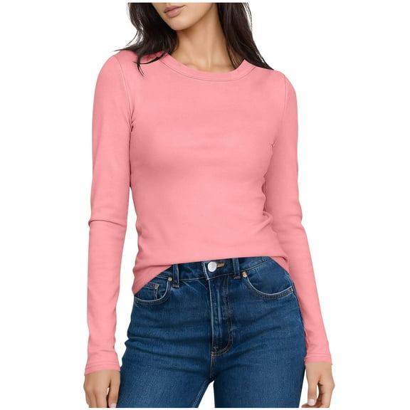 ClodeEU Women’s Long Sleeve Crew Neck Shirt,Stretch Fitted Soft Tee,Casual Fashions Blouse Tops Pink,Womens Plus XL