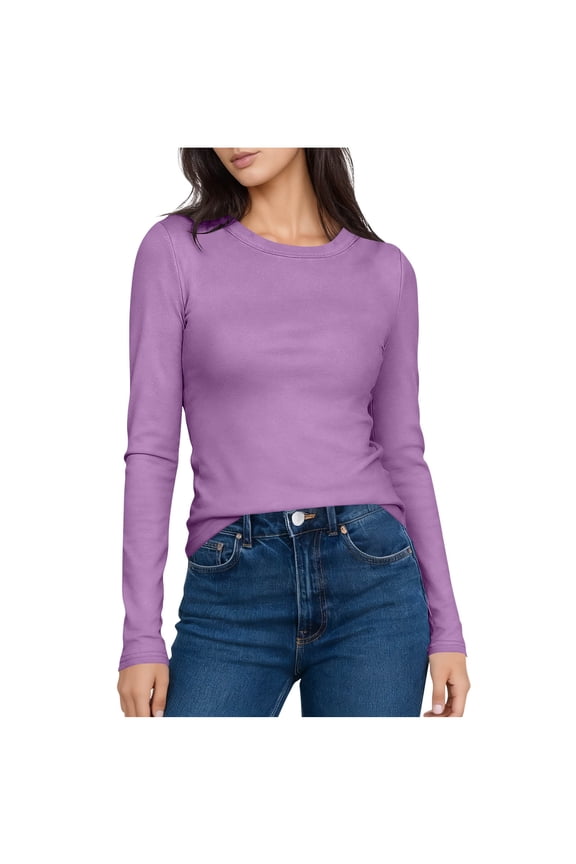 Women’s Long Sleeve Crew Neck Shirt,Stretch Fitted Soft Tee,Casual Fashions Blouse Tops Purple,Womens Plus XL