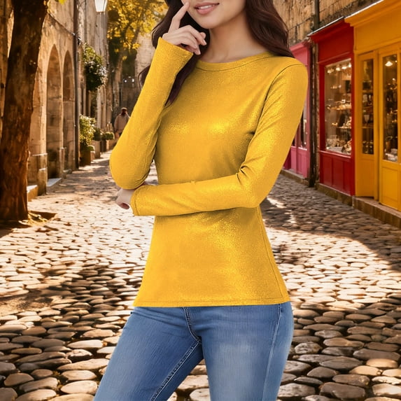 ClodeEU Women's Long Sleeve Crew Neck Slim Fitted Workout Gym T Shirts, Compression Undershirt Basic Tops Yellow,Womens Plus XL