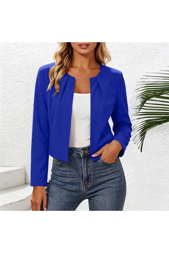 Women's Long Sleeve Crewneck Pleated Cardigan ,Casual Slim Fit Jacket Blue,Women's Plus XXL