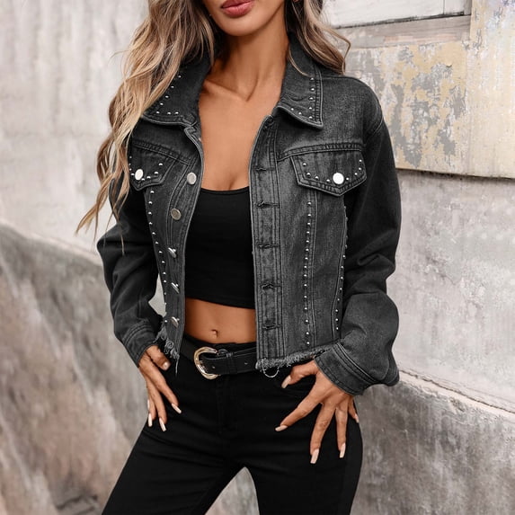 ClodeEU Women's Long Sleeve Cropped Denim Jacket, Button-Down Collar Classic Jean Coat Black^,Womens Plus L