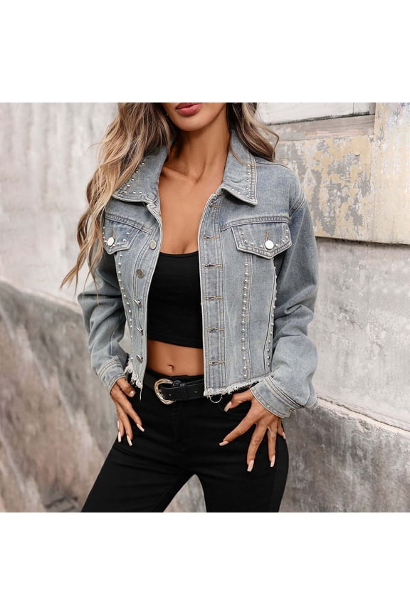 Women's Long Sleeve Cropped Denim Jacket, Button-Down Collar Classic Jean Coat Blue^,Womens Plus M