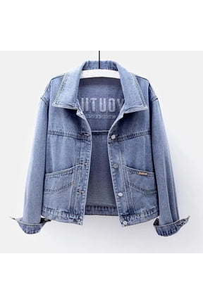 Women's Long Sleeve Denim Jacket,Lapel Neck Button Down Jean Jacket Wiith Pockets Blue,Womens Plus XXXL
