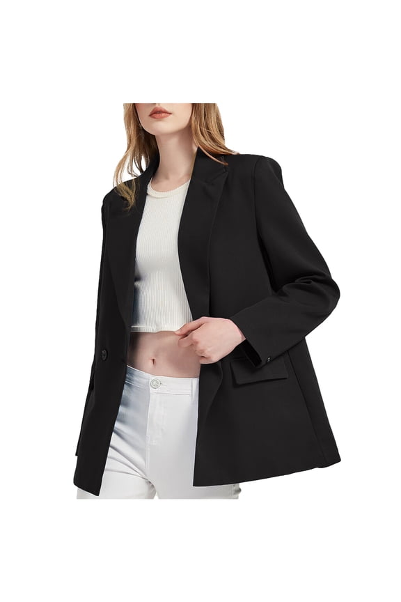 Women's Long Sleeve Double Breasted Blazer Jacket, Casual Solid Color Open Front Suit Coat, Office Work Outerwear Black,Womens Plus L