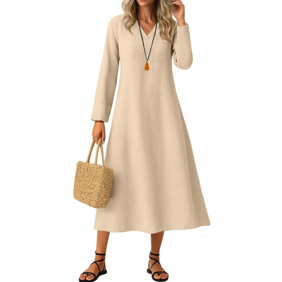 ClodeEU Women's Long Sleeve Dress , Casual V Neck Long Dress with Pockets Beige,Womens Plus XL