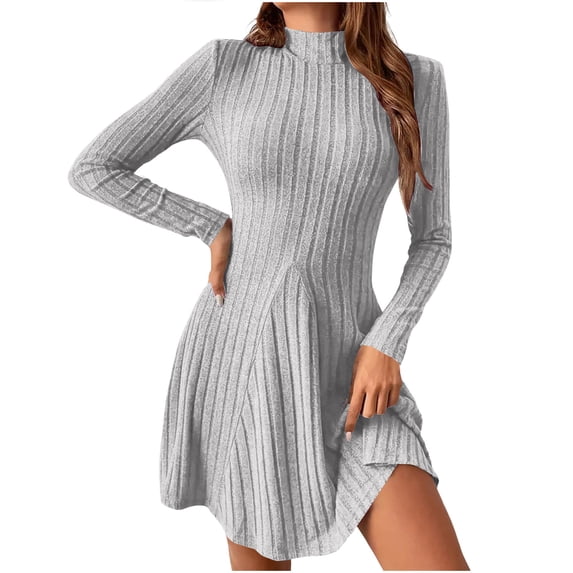 ClodeEU Women's Long Sleeve Half High Neck Mini Dress, Elegant Ribbed Knit A Line Ribbed Knit Dresses Gray,Womens Plus M
