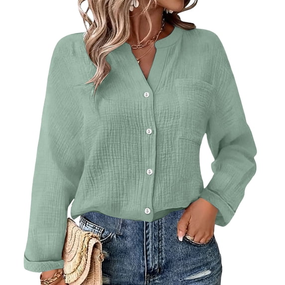 ClodeEU Women's Long Sleeve Henley Button Shirt ,Casual Loose Fit Classic Blouse Green,Womens Plus XXL