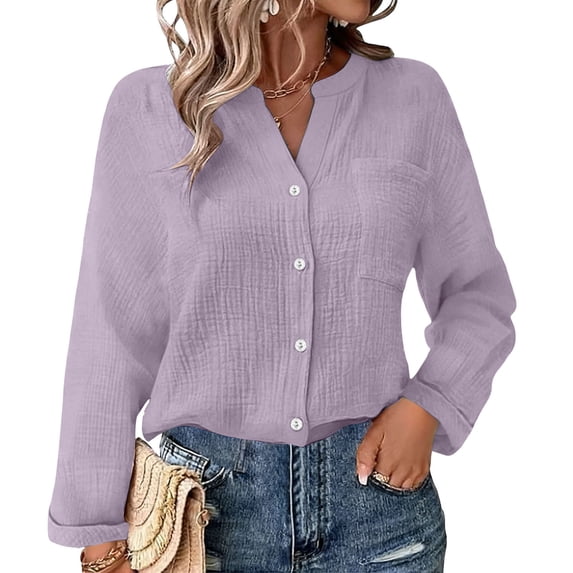 ClodeEU Women's Long Sleeve Henley Button Shirt ,Casual Loose Fit Classic Blouse Purple,Womens Plus M
