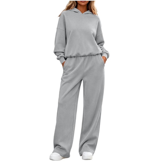 ClodeEU Women's Long Sleeve Hoodie and Wide Leg Pants Tracksuit Set, Solid Color Loose Loungewear Two Piece Outfit ,Women's Plus M