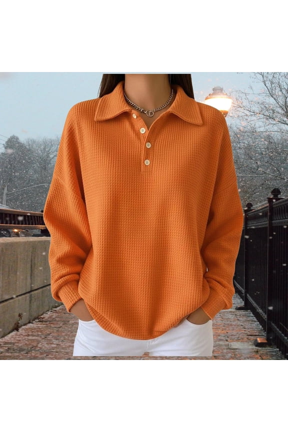 Women’s Long Sleeve Lapel Collar Half Button Sweatshirt ,Fall Casual Fashion Loose Pullover Orange,Womens Plus M