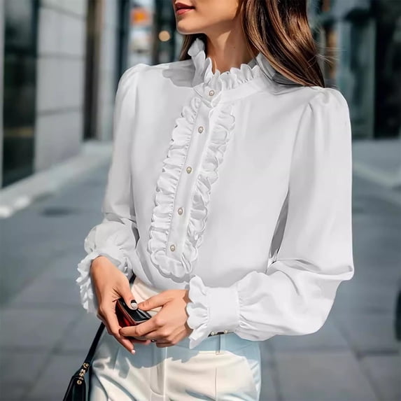ClodeEU Women's Long Sleeve Mock Neck Work Blouse,Trendy Pleated Tunic Chiffon Shirts White,Womens Plus M