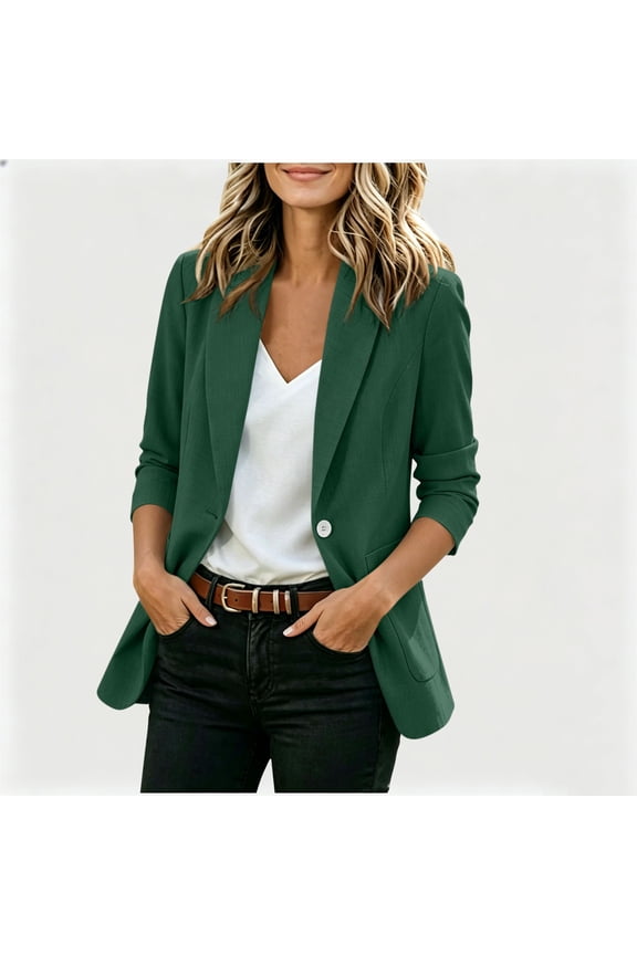 Women's Long Sleeve Notch Collar Blazer with Shoulder Pads ,Casual Work Jacket Green,Women's Plus S