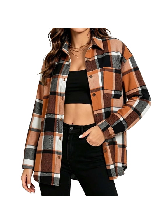 Women's Long Sleeve Plaid Button Down Shirt ,Casual Loose Flannel Shacket with Chest Pocket ,Women's S-XXL