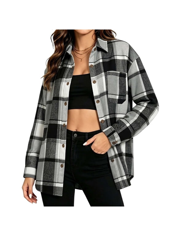 Women's Long Sleeve Plaid Button Down Shirt ,Casual Loose Flannel Shacket with Chest Pocket ,Women's S-XXL