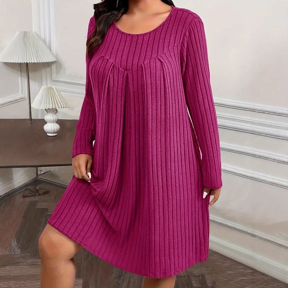 ClodeEU Women's Long Sleeve Round Neck Plus Size Sweater Dress,Elegant Loose T Shirt Swing Dress Hot Pink,Womens Plus XXXL