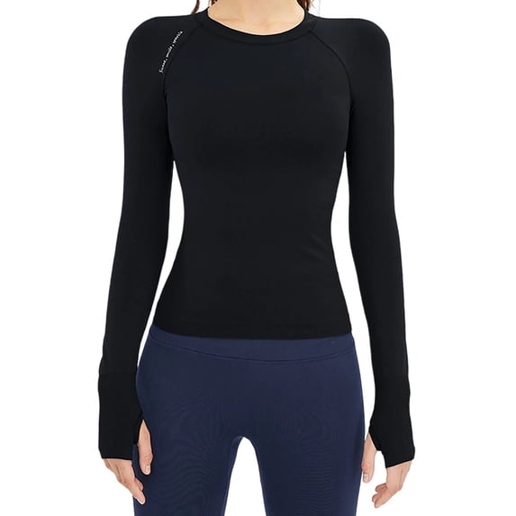 ClodeEU Women's Long Sleeve Running Tops ,Seamless Yoga Wear, Sportswear Breathable Workout Clothes Black,Womens Plus L