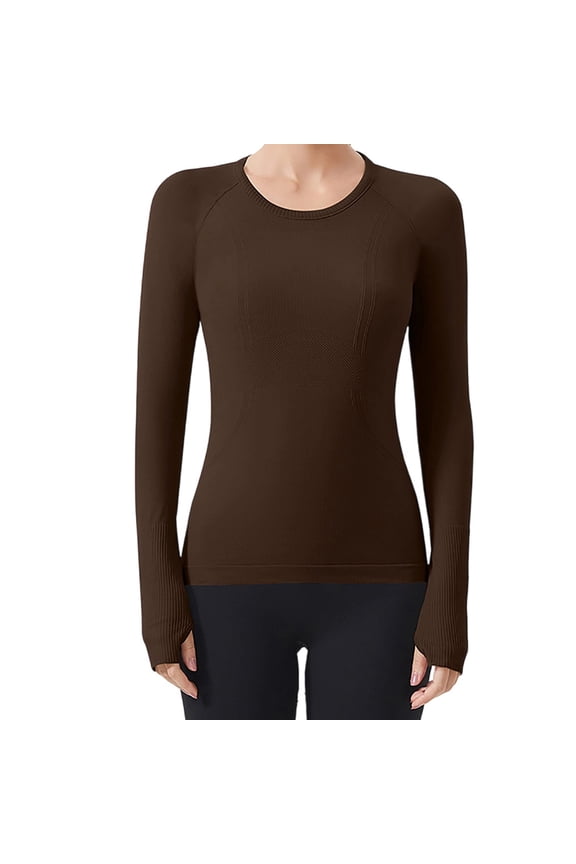 Women's Long Sleeve Running Tops ,Seamless Yoga Wear, Sportswear Breathable Workout Clothes Coffee,Womens Plus XL