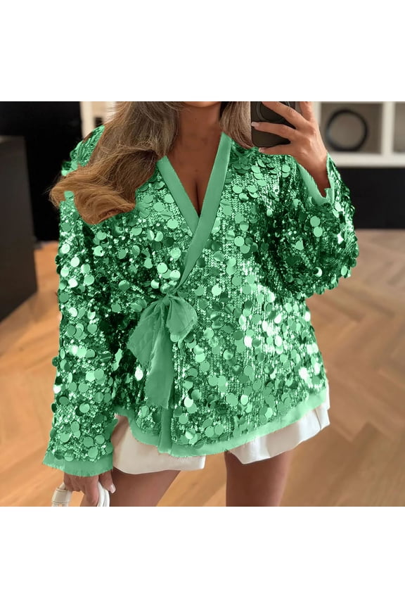 Women's Long Sleeve Sequin Bead Cardigan Coat,Open Front Blazer Glitter Sparkly Coat Party Casual Cardigan Green,Womens Plus L