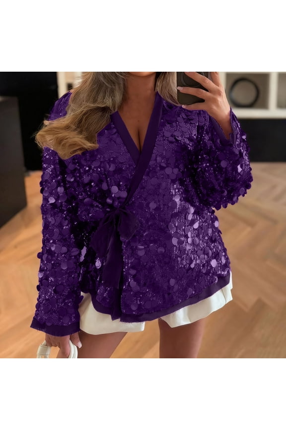 Women's Long Sleeve Sequin Bead Cardigan Coat,Open Front Blazer Glitter Sparkly Coat Party Casual Cardigan Purple,Womens Plus M