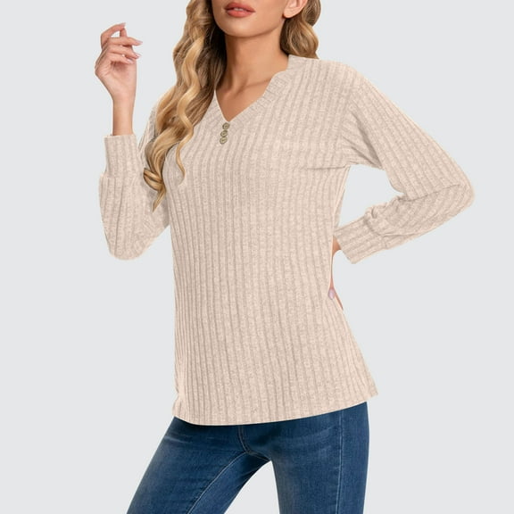 ClodeEU Women's Long Sleeve Shirts, V Neck Fashion Trendy T-Shirts for Women, Lightweight Basic Tee Beige,Womens Plus S