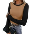 thumbnail image 1 of ClodeEU Women's Long Sleeve Slim Fit Shirts ,Color Block Baseball Tee Raglan Crew Neck Tops Khaki,Womens Plus S, 1 of 7