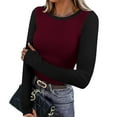 thumbnail image 1 of ClodeEU Women's Long Sleeve Slim Fit Shirts ,Color Block Baseball Tee Raglan Crew Neck Tops Wine,Womens Plus XXL, 1 of 7
