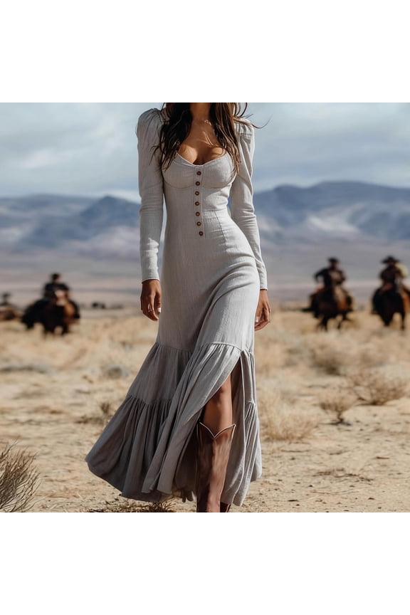 U Women's Long Sleeve Square Neck Western Side Slit Maxi Dress,Trendy Travel Long Dress Gray,Womens Plus XXXL