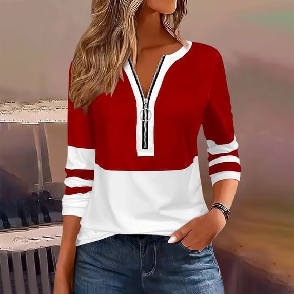 ClodeEU Women's Long Sleeve T Shirts ,Color Block Zipper Tops Tee ,Casual Loose Blouses Red,Womens Plus S