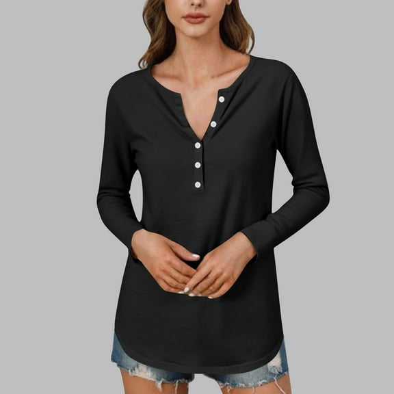ClodeEU Women's Long Sleeve Tunic Shirts，Round Neck Button Blouse, Casual Shirts Basic Tees Black,Womens Plus XL