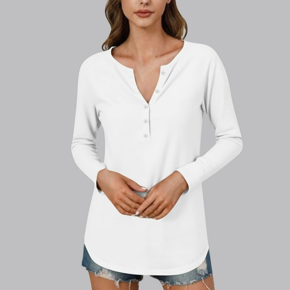 ClodeEU Women's Long Sleeve Tunic Shirts，Round Neck Button Blouse, Casual Shirts Basic Tees White,Womens Plus XL