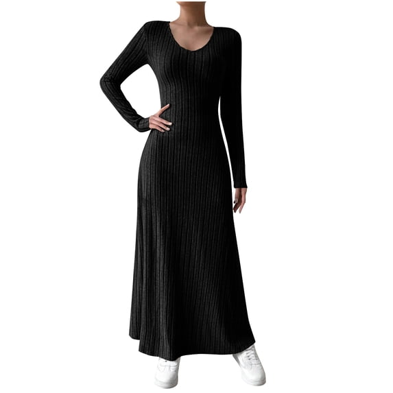 ClodeEU Women's Long Sleeve V Neck Maxi Dress, Elegant Ribbed Knit A Line Wrap Ribbed Knit Bodycon Dresses Black,Womens Plus L