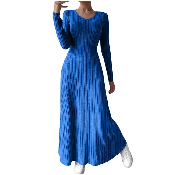 ClodeEU Women's Long Sleeve V Neck Maxi Dress, Elegant Ribbed Knit A Line Wrap Ribbed Knit Bodycon Dresses Blue,Womens Plus M