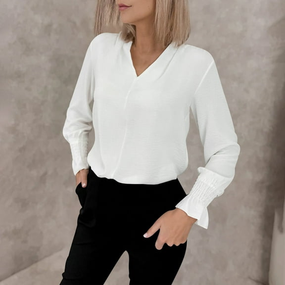 ClodeEU Women's Long Sleeve V Neck Shirts ,Dressy Casual Henley Cute Work Blouse White,Womens Plus XXL