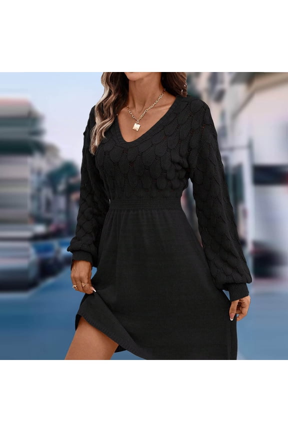 U Women's Long Sleeve V Neck Sweater Dress ,Ribbed Knit Casual Mini Fall Tunic Dresses Black,Womens Plus M