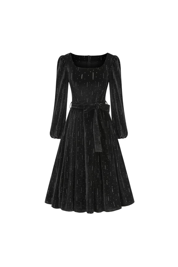 U Women's Long Sleeve V Neck Velvet Dresses ,Fall Winter Wedding Holiday Maxi Dresses with Belt Black,Womens Plus L