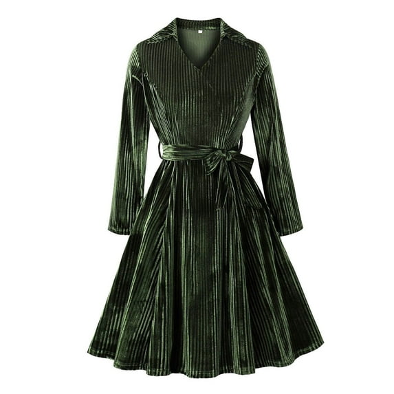 ClodeEU Women's Long Sleeve V Neck Velvet Dresses ,Fall Winter Wedding Holiday Maxi Dresses with Belt Green,Womens Plus S