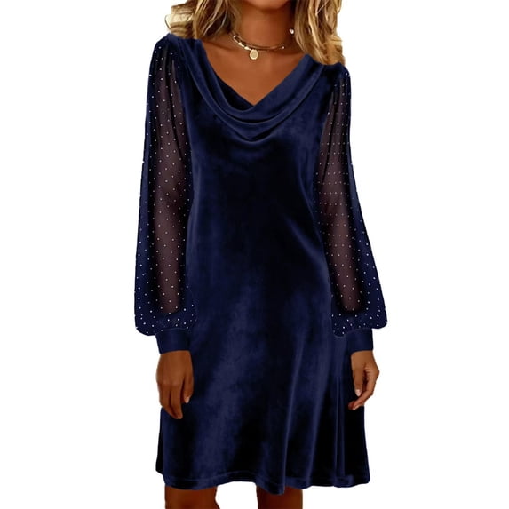 ClodeEU Women's Long Sleeve V Neck Velvet Mesh Sequin Embellished Dress,Fall Trendy Tunic Dress Navy,Womens Plus XL