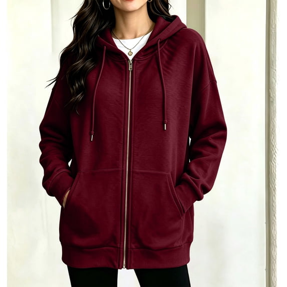 ClodeEU Women's Long Sleeve Zip Up Drawstring Hoodie Jacket,Casual Loose Sweatshirt Coat with Pocket ,Women's Plus L