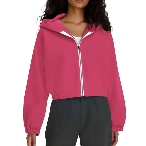 ClodeEU Women's Long Sleeved Hooded Sweatshirt, Zipper Solid Color Loose Jacket, Hoode Sweatshirts Top Hot Pink,Womens Plus S