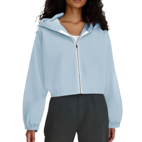 ClodeEU Women's Long Sleeved Hooded Sweatshirt, Zipper Solid Color Loose Jacket, Hoode Sweatshirts Top Light Blue,Womens Plus XXL
