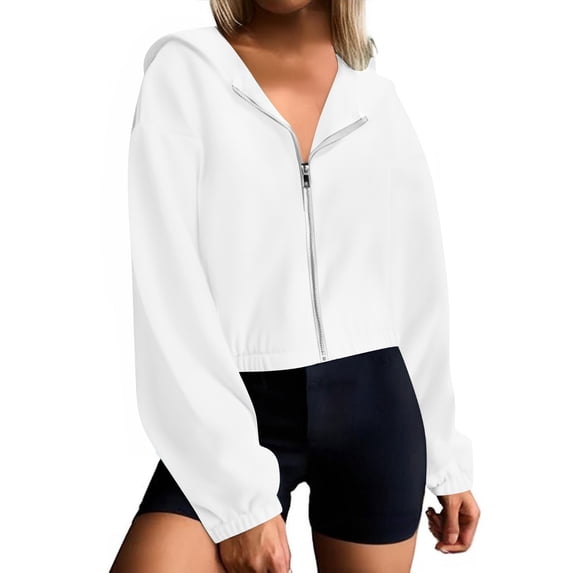ClodeEU Women's Long Sleeved Hooded Sweatshirt, Zipper Solid Color Loose Jacket, Hoode Sweatshirts Top White,Womens Plus S