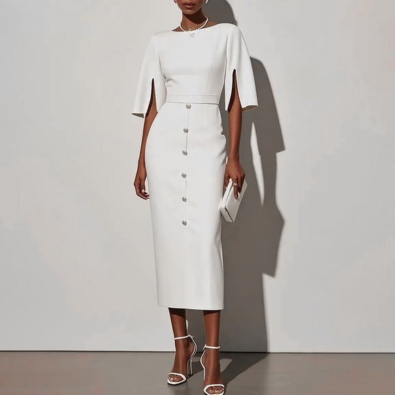 ClodeEU Women's Long Sleeved Round Neck Dress,Cinched Waist Slit Button Decoration Dress White,Womens Plus L