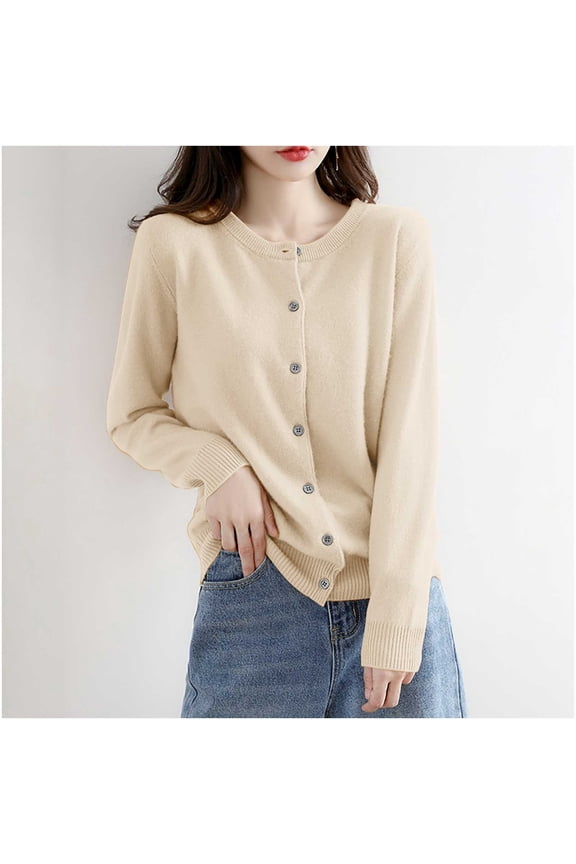 Women's Long Sleeves Crewneck Knitted Sweaters, Button Down Cardigan ,Soft Knit Tops Beige,Womens Plus M