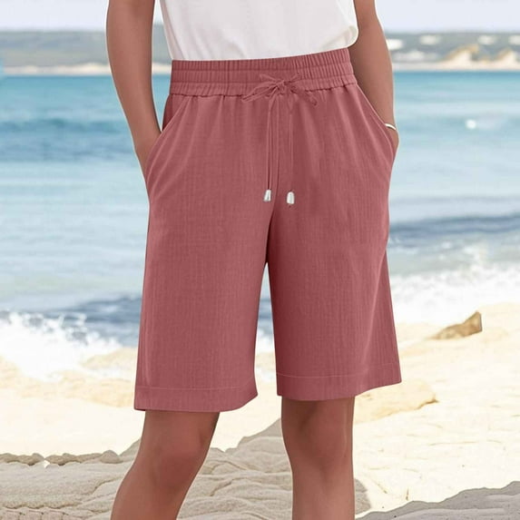 ClodeEU Women's Loose Elastic-Waisted Drawstring ,Comfy Shorts with Pockets ,Casual Shorts Watermelon Red,Womens Plus XL