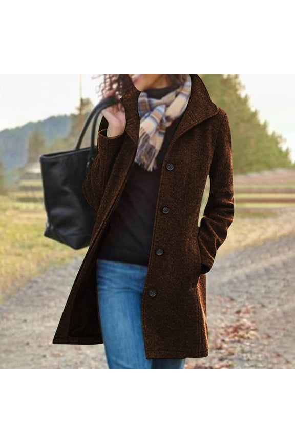 Women's Mid Length Stand Collar Coat ,Button Up Trench Coat,Fall Winter Fashion Overcoat Brown,Womens Plus XXL