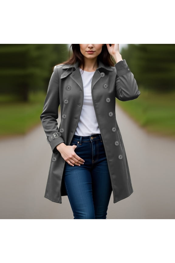 Women's Mid Length Trench Coat With Lapel Collar ,Double Breasted Overcoat ,Work Office Coats Gray,Womens Plus XXL
