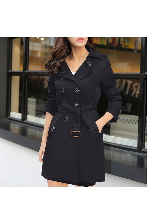 Women's Mid Long Notch Lapel Trench Tunic Coat ,Double Breasted Waterproof Trench Coat With Belt Black,Womens Plus M